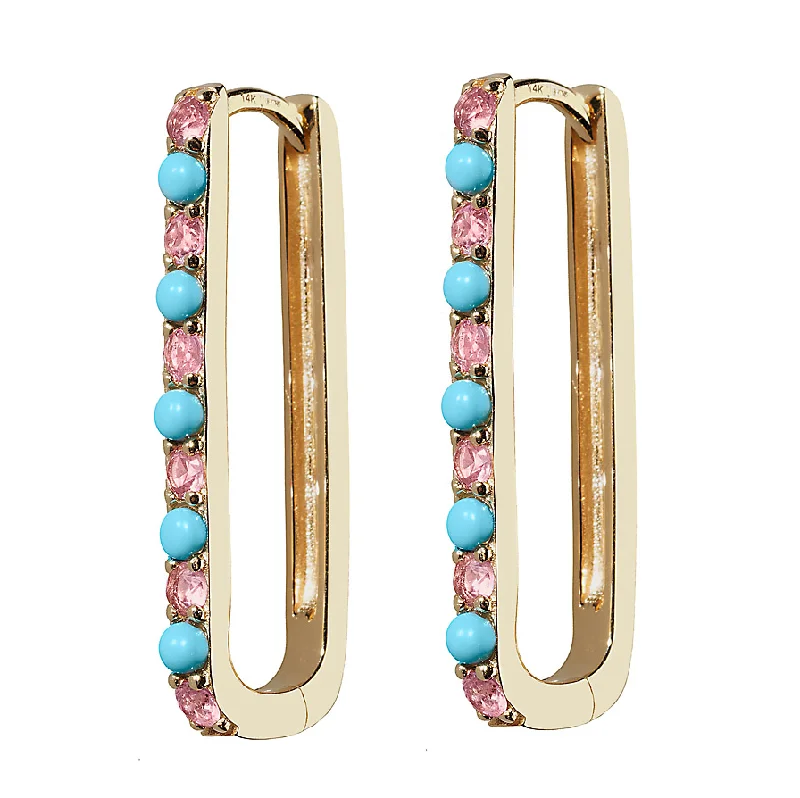 Turquoise & Pink Sapphire Large Paperclip Hoop Earring