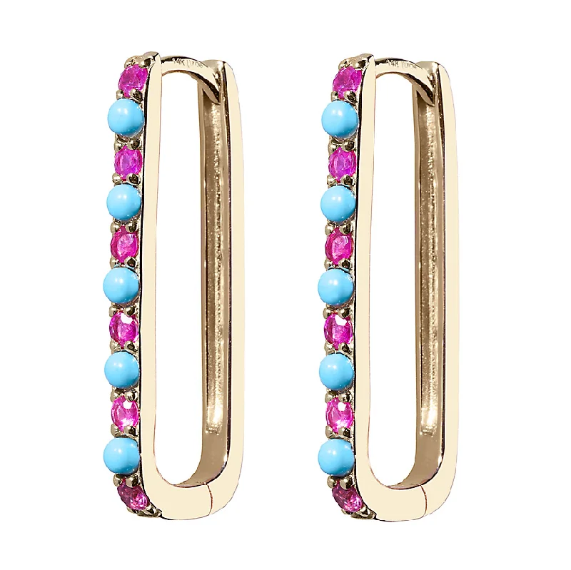 Turquoise & Pink Sapphire Large Paperclip Hoop Earring