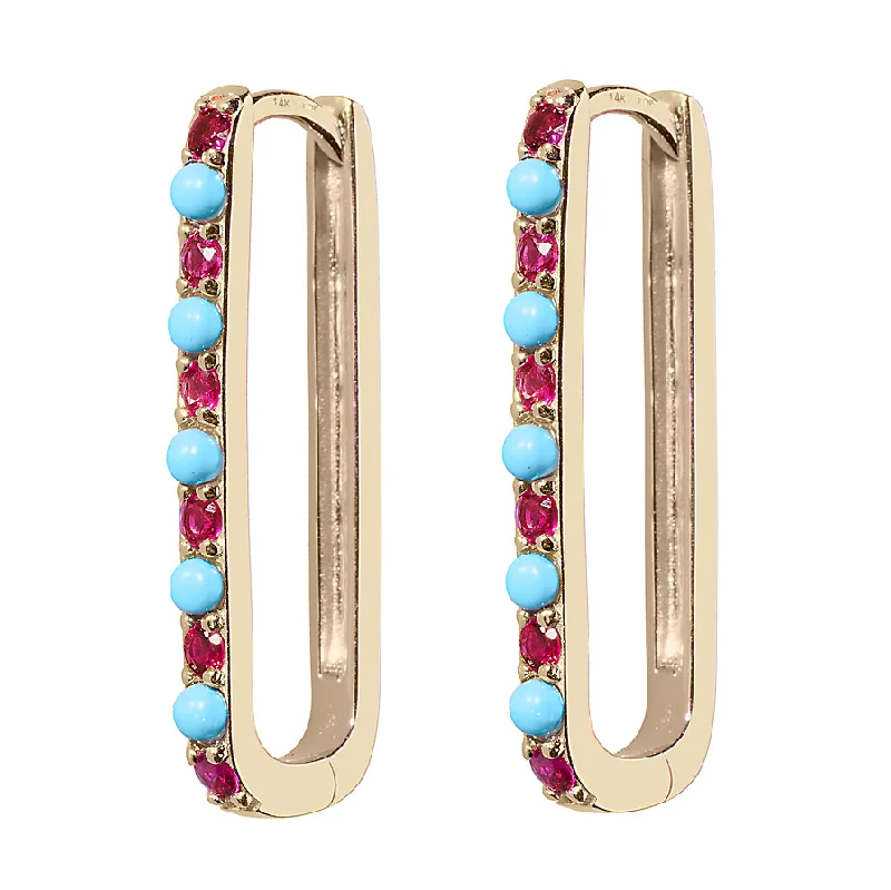 Turquoise & Ruby Large Paperclip Hoop Earring