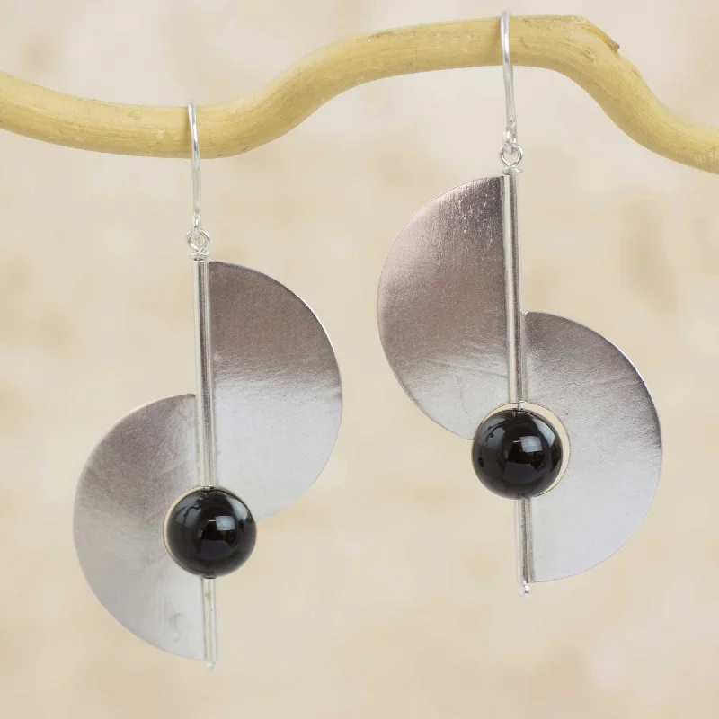 Two Moons Modern Geometric Sterling Silver and Onyx Hook Earrings