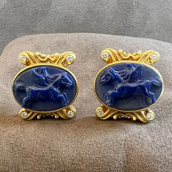 Vintage Lapis Cameo Clip Earrings