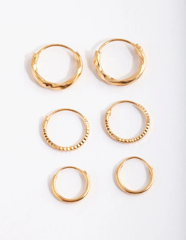 Gold Plated Sterling Silver Graduating Textured Hoop Earring Pack