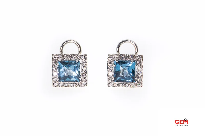 Natural Blue Topaz & Diamond Square Halo 14K 585 White Gold Pair Clip Earrings