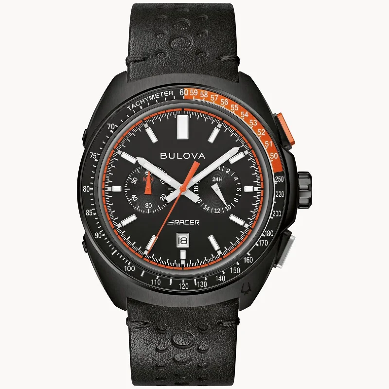 Bulova Racer Chronograph Mens Watch with Black Dial and Black Leather Strap (quartz movement)