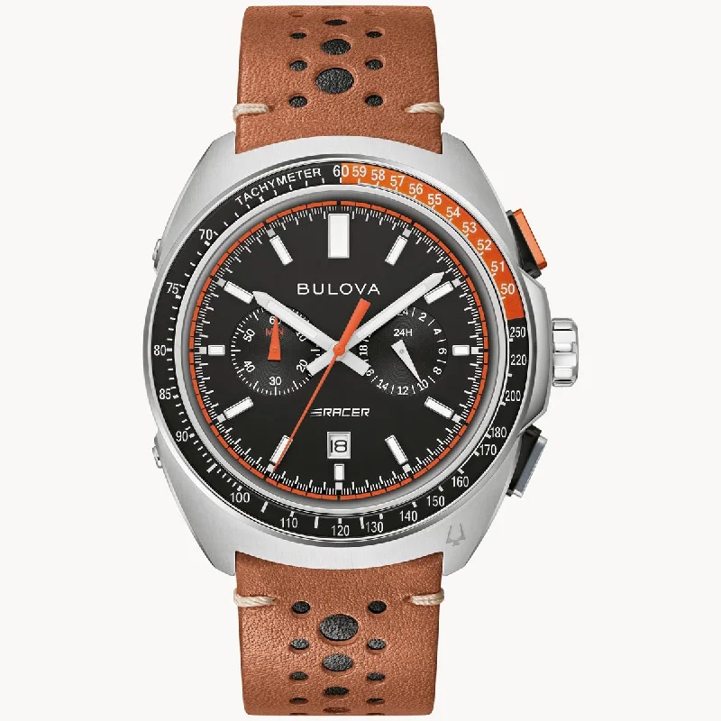 Bulova Racer Chronograph Mens Watch with Black Dial and Brown Leather Strap (quartz movement)