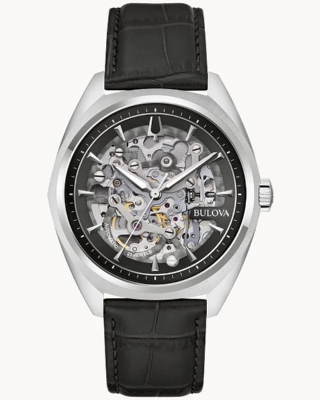 Bulova Surveyor Mens Watch with Skeletonized Dial and Black Leather Strap (automatic movement)