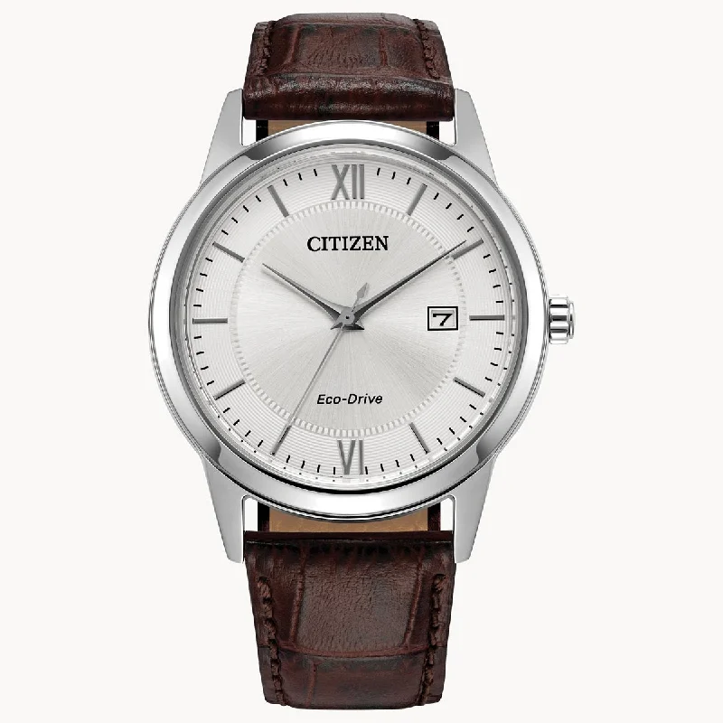 Citizen Classic Mens Watch with White Dial and Brown Leather Strap (eco drive movement)