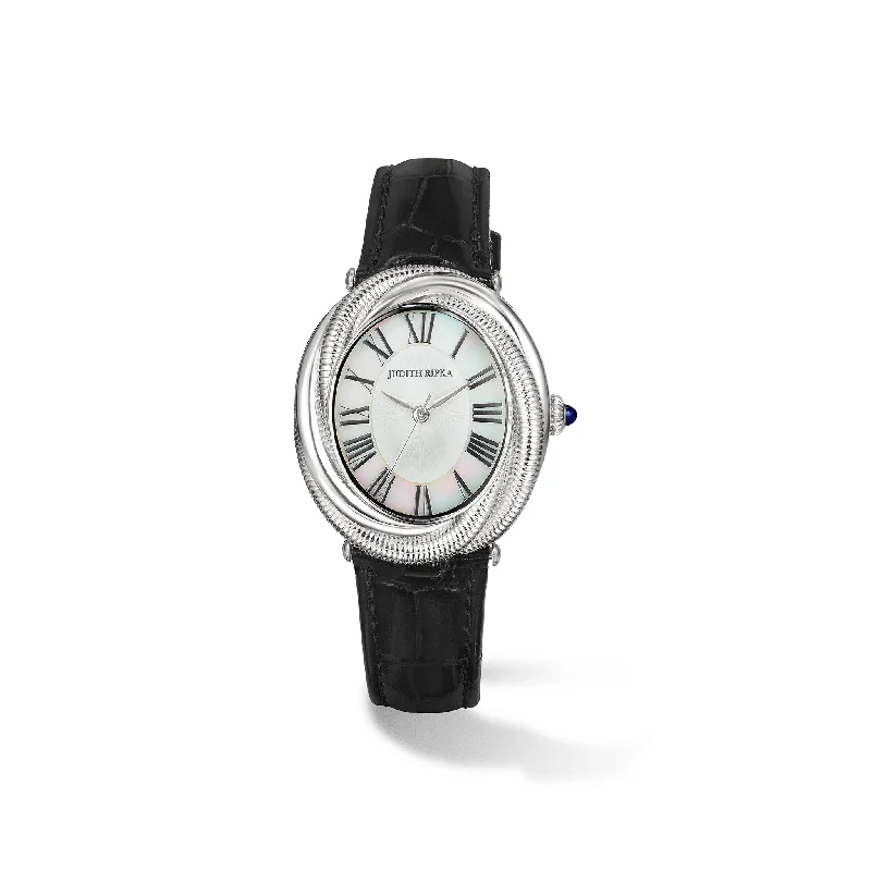 Eternity Watch with Mother of Pearl, Blue Sapphire and Black Genuine Crocodile Strap