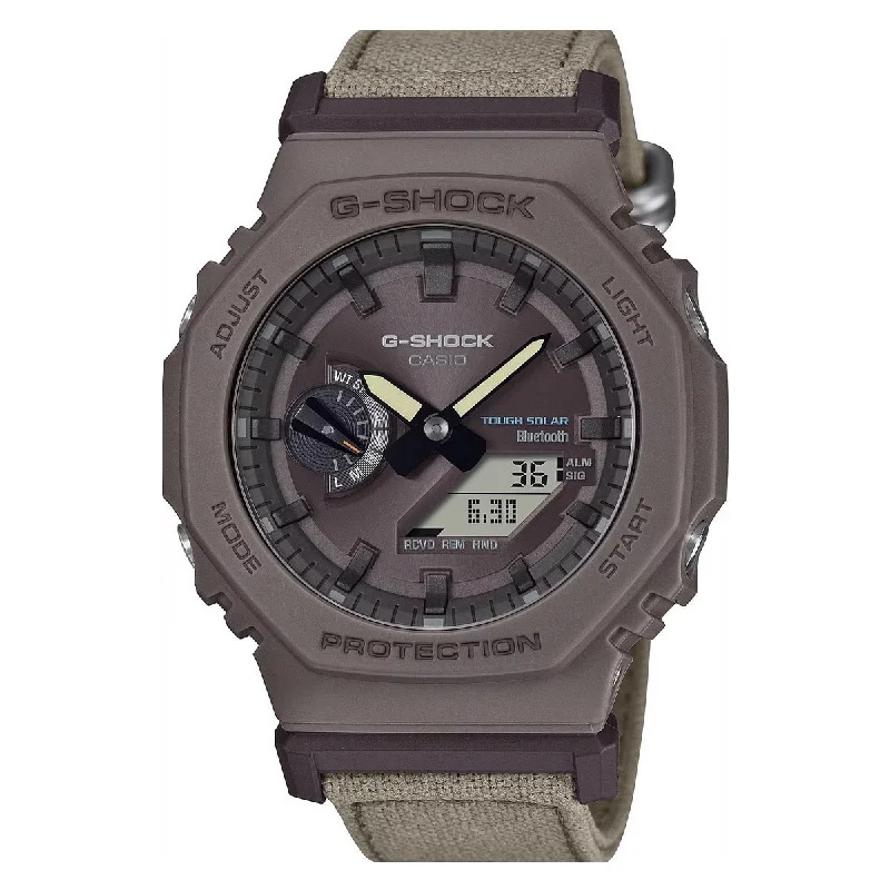 G-Shock GAB2100 Series Men's Watch with Naturally Dyed Khaki Gray Cotton Strap (solar movement)