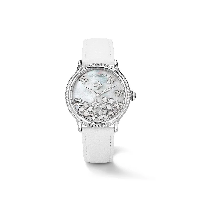 Jardin Watch with Mother of Pearl, Diamonds and White Leather Strap