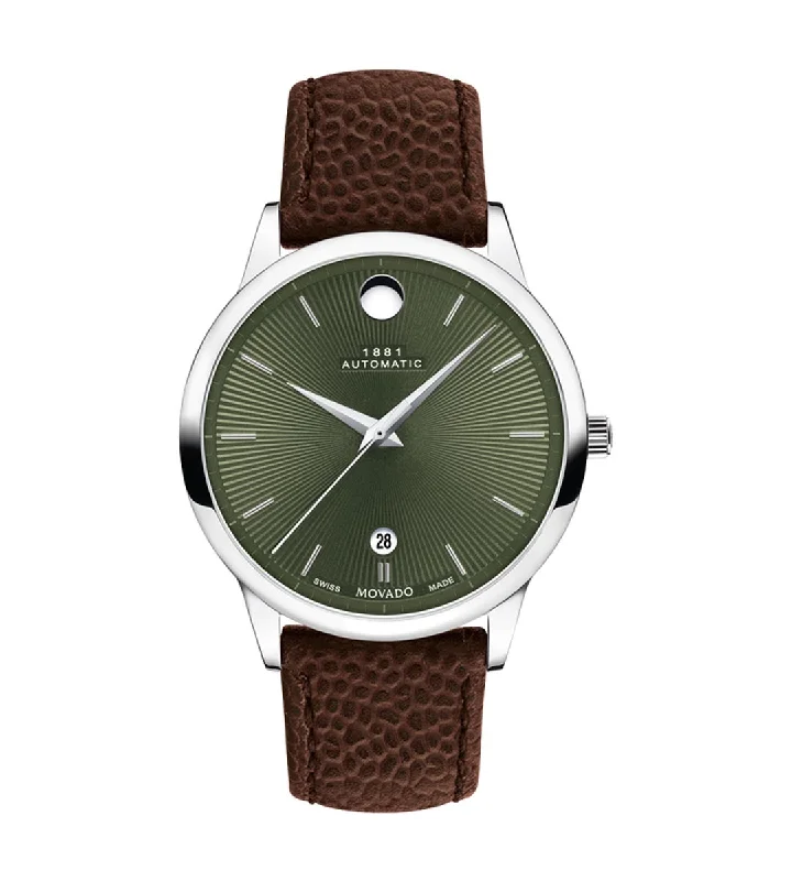 Movado 1881 Automatic Mens Watch with Green Dial and Brown Leather Strap (automatic movement)