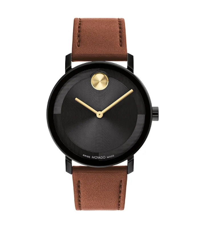 Movado Bold 2.0 Mens Watch with Black Dial and Brown Leather Strap (Swiss quartz movement)