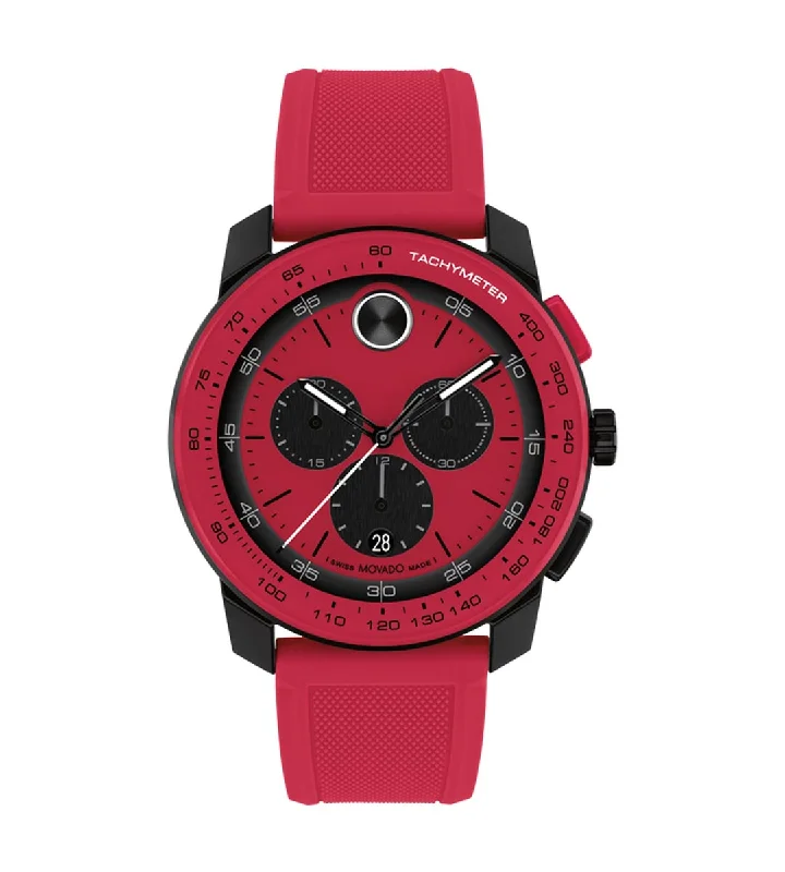 Movado Bold TR90 Chronograph Mens Watch with Red Dial and Red Silicone Strap (Swiss quartz movement)