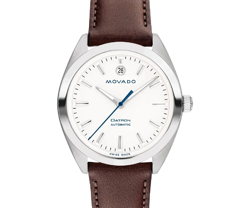 Movado Heritage Series Datron Automatic Mens Watch with White Dial and Brown Leather Strap (Swiss automatic movement)