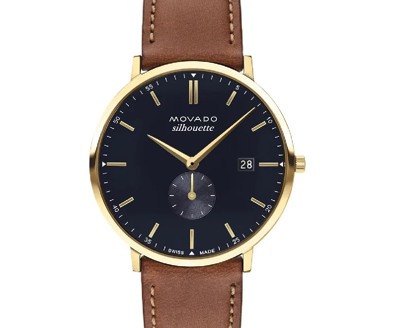 Movado Heritage Series Silhouette Mens Watch with Navy Dial and Brown Leather Strap (Swiss quartz movement)