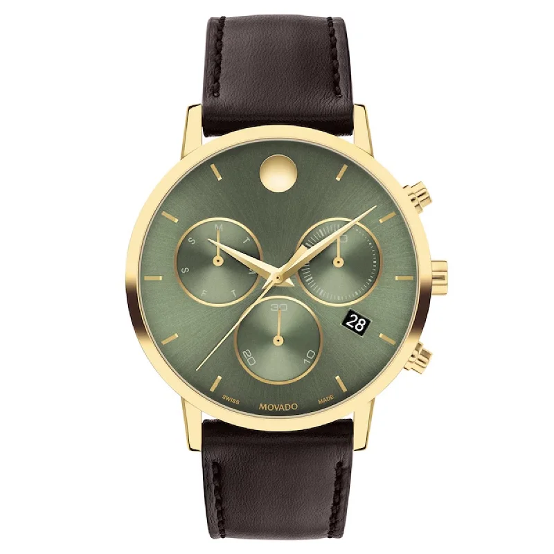 Movado Museum Classic Chronograph Mens Watch with Green Dial and Brown Leather Strap (Swiss quartz movement)