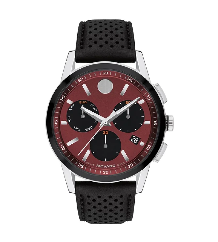 Movado Museum Sport Mens Watch with Burgundy Dial and Black Perforated Leather Strap (Swiss quartz movement)