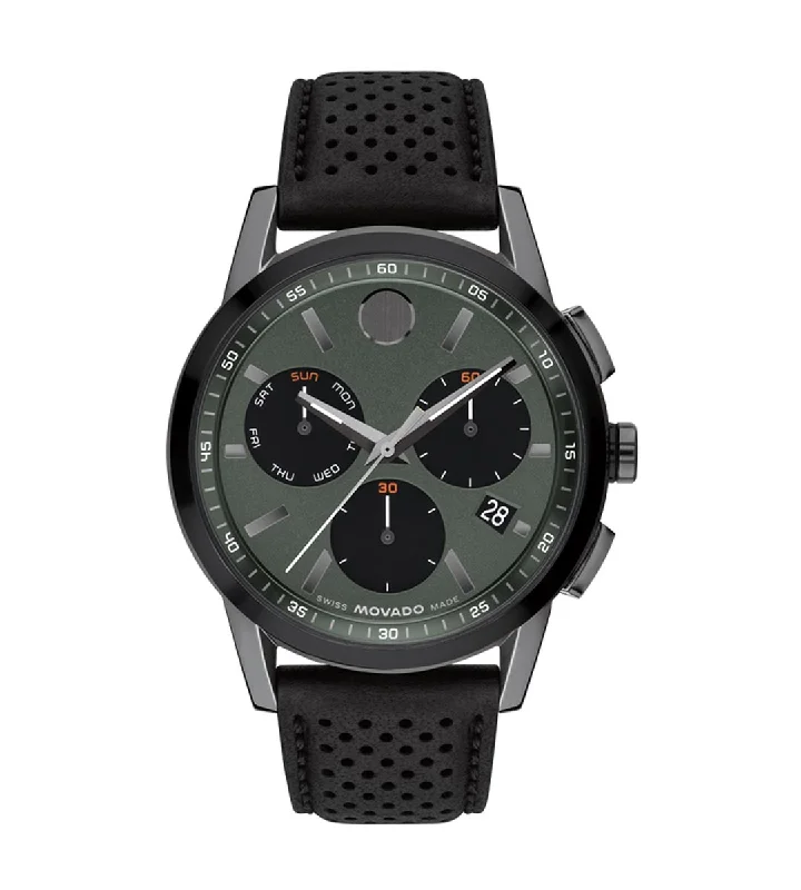 Movado Museum Sport Mens Watch with Green Dial and Perforated Black Leather Strap (Swiss quartz movement)