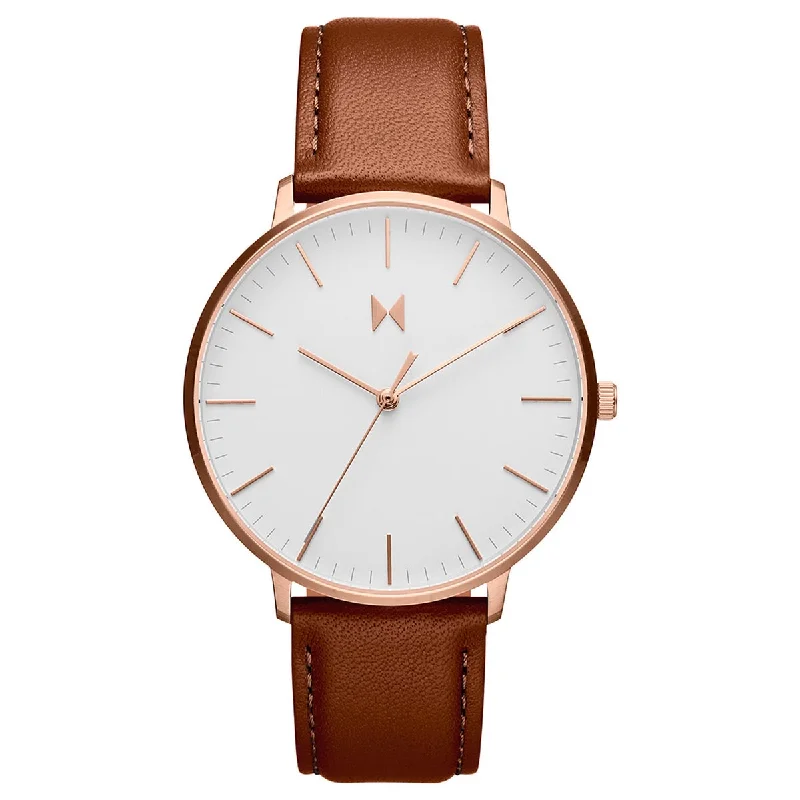 MVMT Legacy Slim Mens Watch with White Dial and Brown Leather Strap (quartz movement)