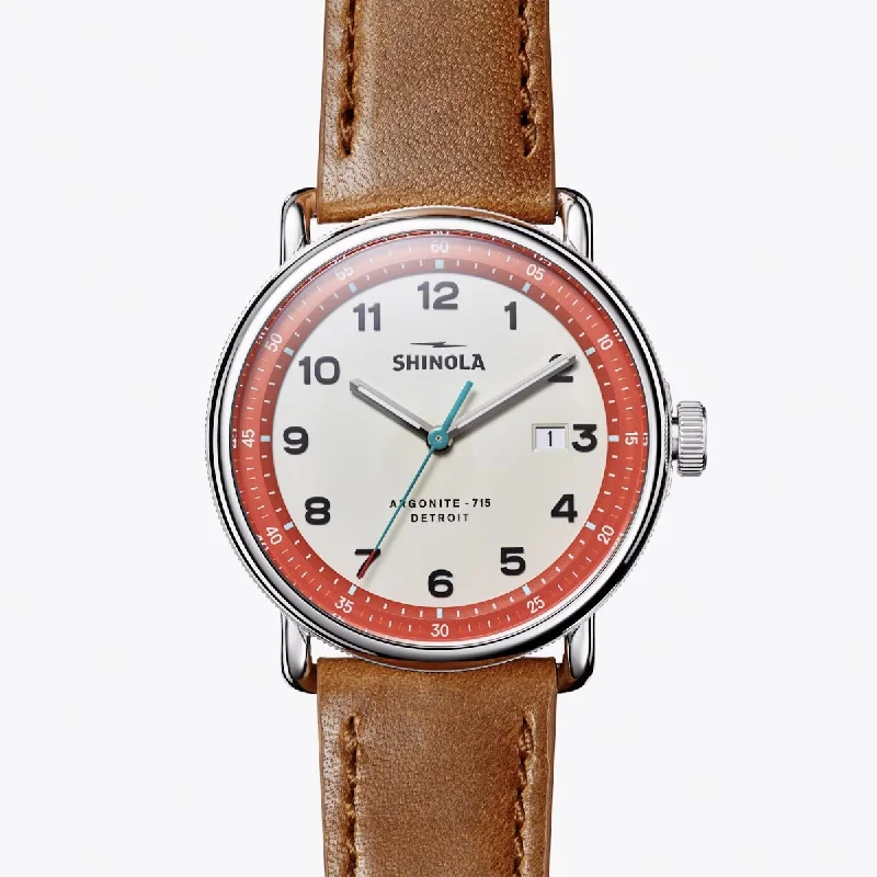 Shinola Canfield Model C56 Mens Watch with Gray and Red Dial and Brown Leather Strap (quartz movement)