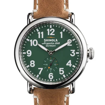 Shinola Mens Runwell Watch with Green Dial and Brown Leather Strap (quartz movement)