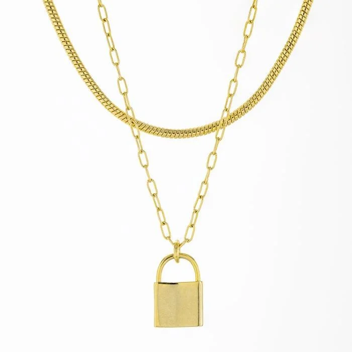 18K Gold Plated Brass Lock Pendant Layered Necklace