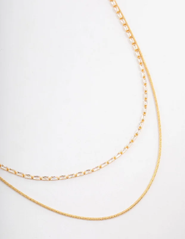 Gold Plated Cubic Zirconia Dainty Baguette Layered Necklace