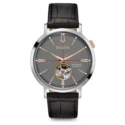 Bulova Aerojet Automatic Mens Watch with Gray Dial and Black Leather Strap (automatic movement)