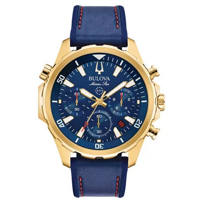 Bulova Marine Star Mens Chronograph Watch with Blue Dial and Blue Leather Strap (quartz movement)