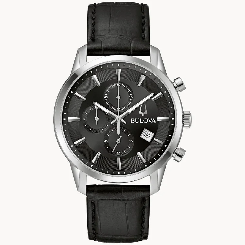 Bulova Sutton Mens Chronograph Watch with Black Dial and Black Leather Strap (quartz movement)