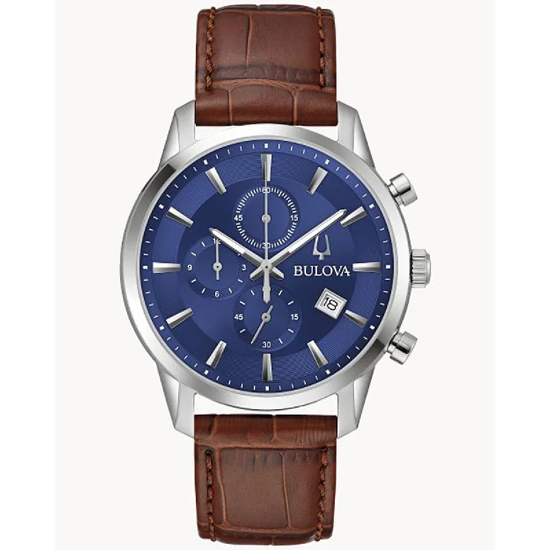 Bulova Sutton Mens Chronograph Watch with Blue Dial and Brown Leather Strap (quartz movement)