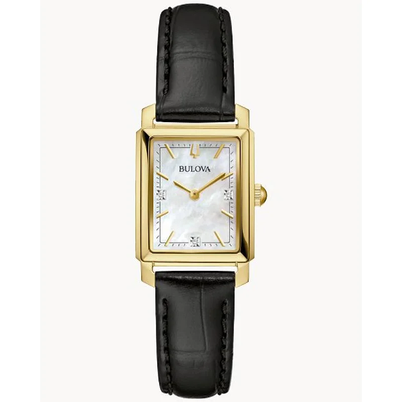 Bulova Sutton Womens Diamond Watch with Mother of Pearl Dial and Black Leather Strap (quartz movement)