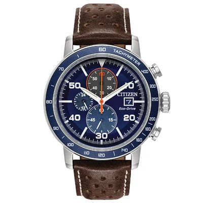 Citizen Brycen Mens Chronograph Watch with Blue Dial and Brown Leather Strap (eco drive movement)