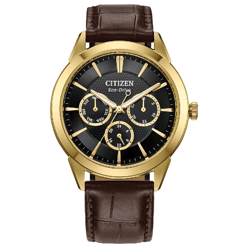 Citizen Rolan Mens Watch with Black Dial and Brown Leather Strap (eco drive movement)