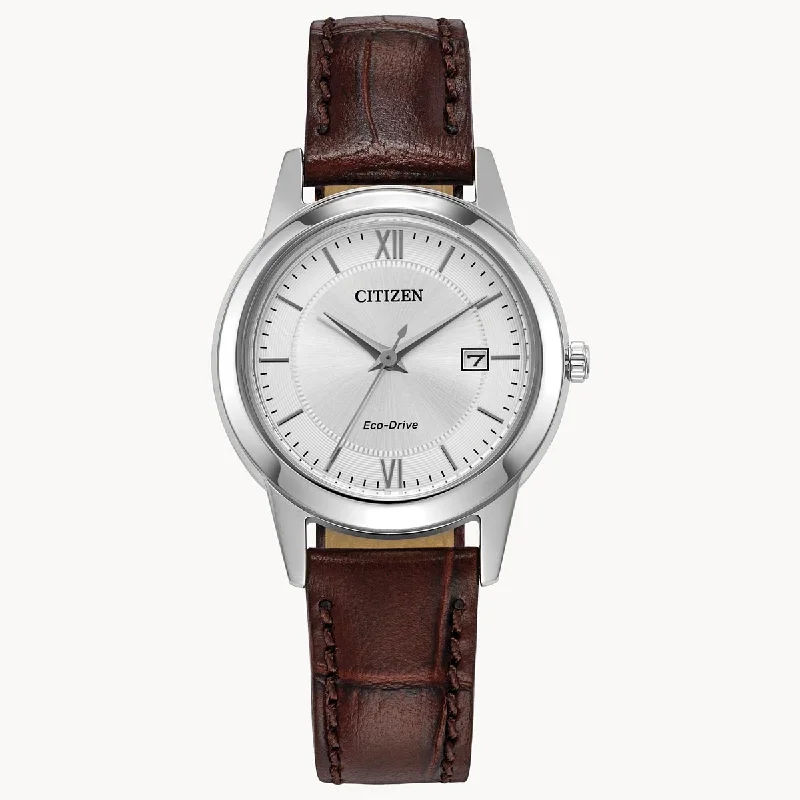 Citizen Classic Womens Watch with White Dial and Brown Leather Strap (eco drive movement)