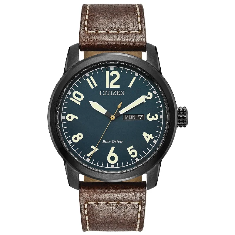 Citizen Garrison Mens Watch with Navy Dial and Brown Leather Strap (eco drive movement)