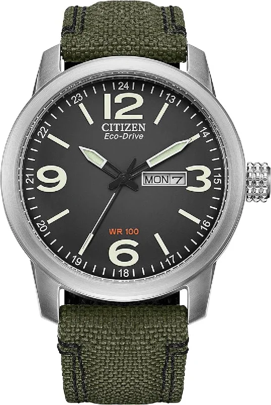 Citizen Military Mens Watch with Black Dial and Green Canvas Strap (eco-drive movement)