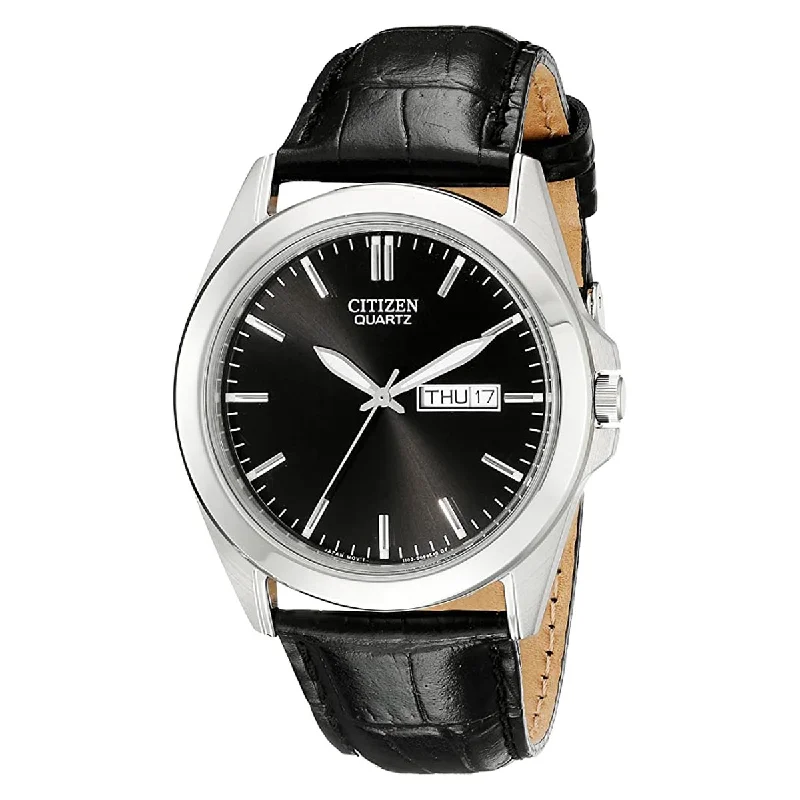 Citzen Mens Watch with Black Dial and Black Leather Strap (quartz movement)