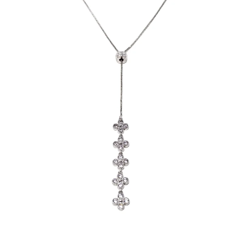 Crystal Flower Slider Lariat Necklace Rhodium Plated