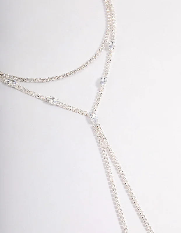 Silver Cubic Zirconia Double Row Spilt Y-Necklace