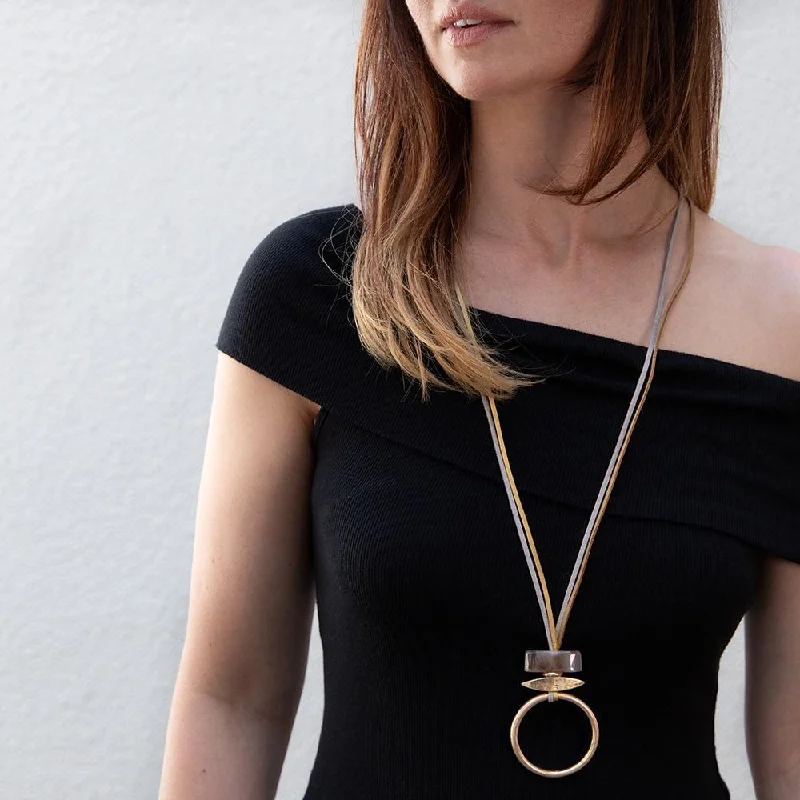 Double Suede Long Necklace Tribal Circle Pendant Gold