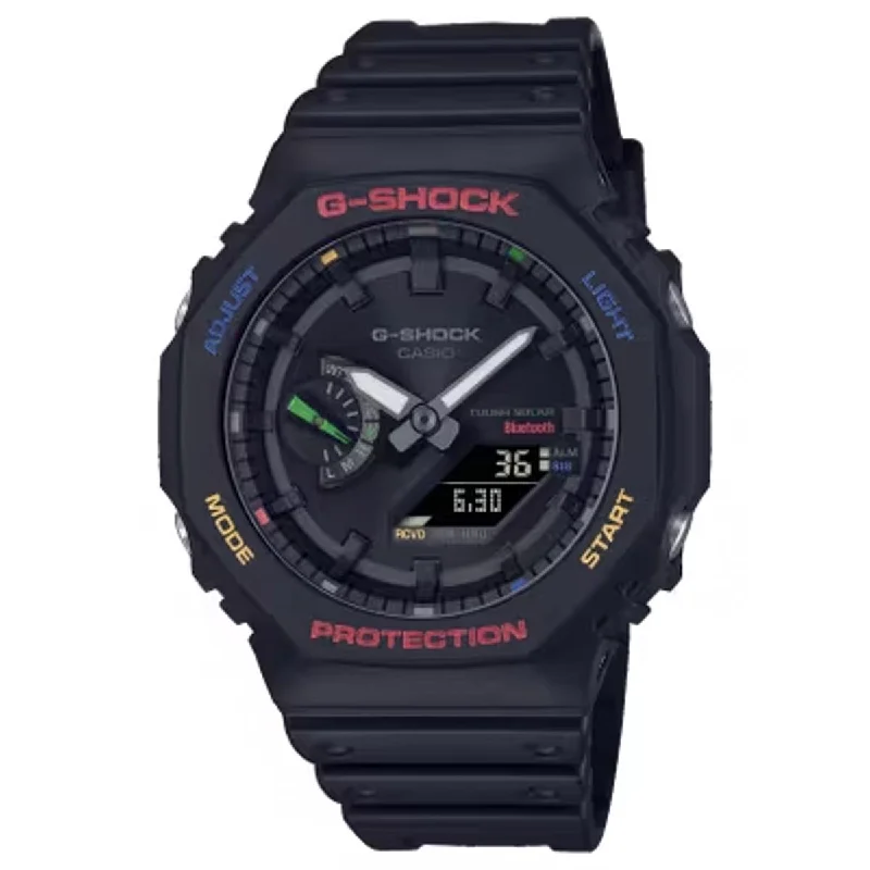 G Shock 2100 Series Mens Watch with Black Dial and Black Strap with Multicolor Accents (solar movement)