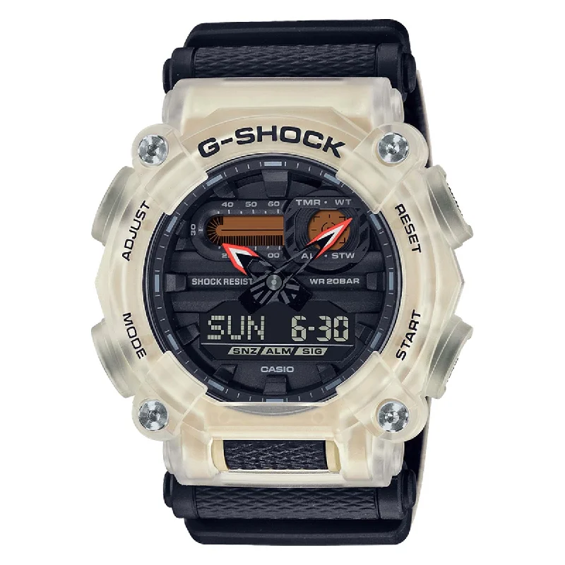 G Shock Mens Watch with Black Dial and Orange and White Canvas Band (quartz movement)