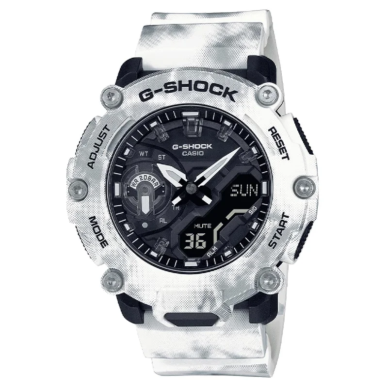 G Shock Mens Watch with Black Dial and White Camo Strap (quartz movement)