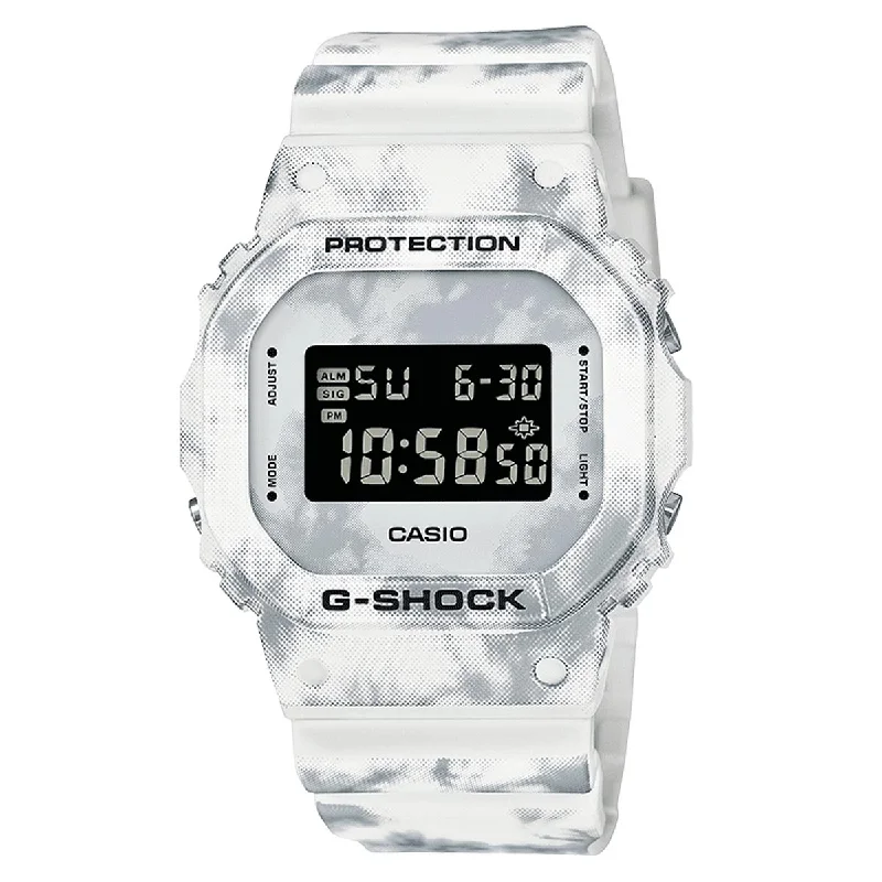 G Shock Mens Watch with Black Digital Dial and White and Grey Marble Strap (quartz movement)