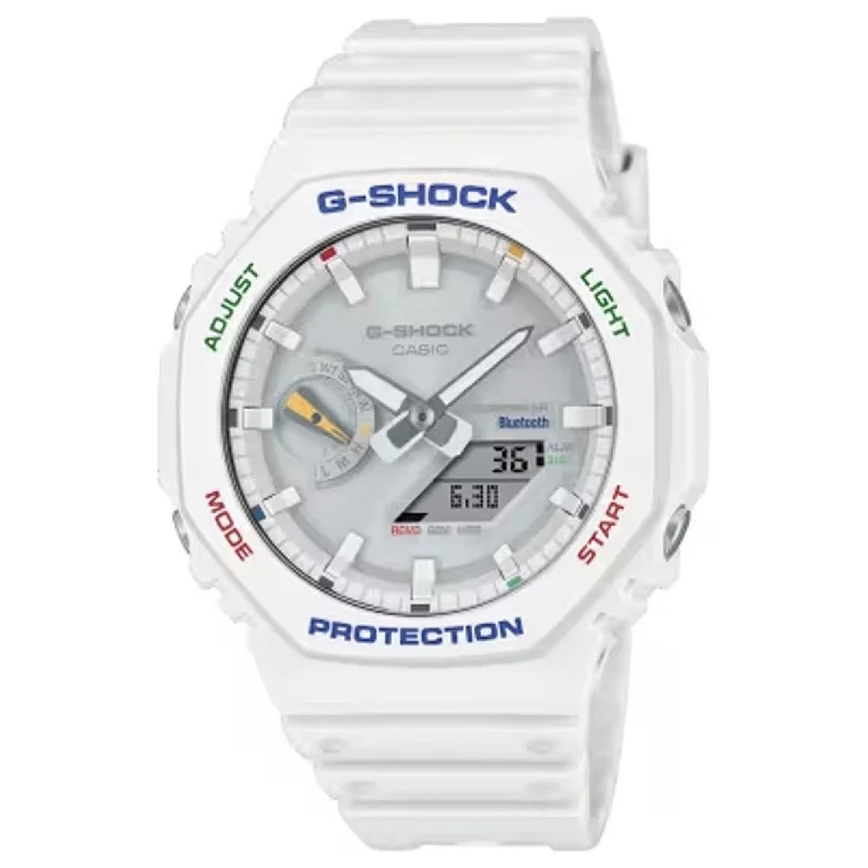 G Shock Mens Watch with White Dial and White Strap with Multicolor Accents (solar movement)