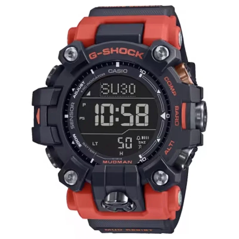 G Shock Mudman Mens Watch with Black Dial and Orange and Gray Resin Strap (solar movement)