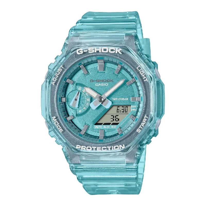 G Shock Womens Watch with Blue Dial and Transparent Blue Resin Strap (quartz movement)