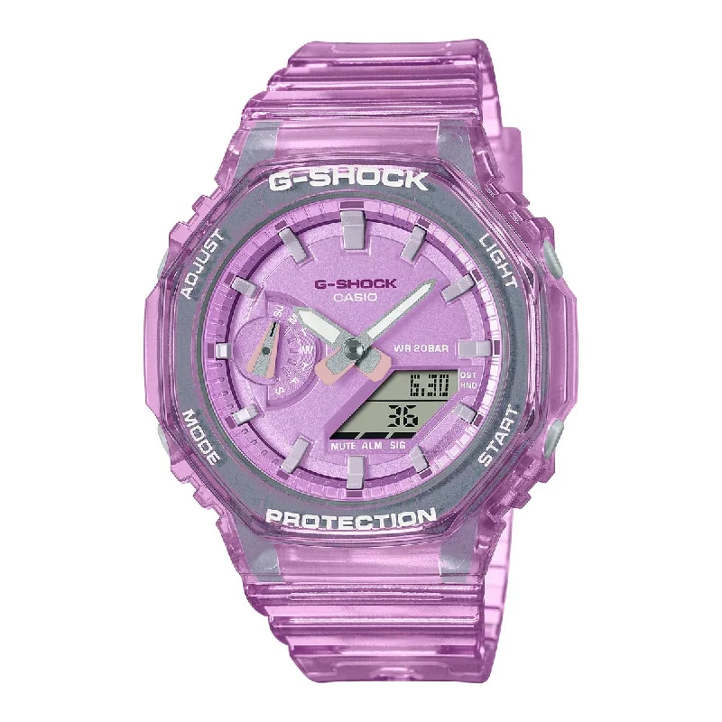 G Shock Womens Watch with Pink Dial and Transparent Pink Resin Strap (quartz movement)