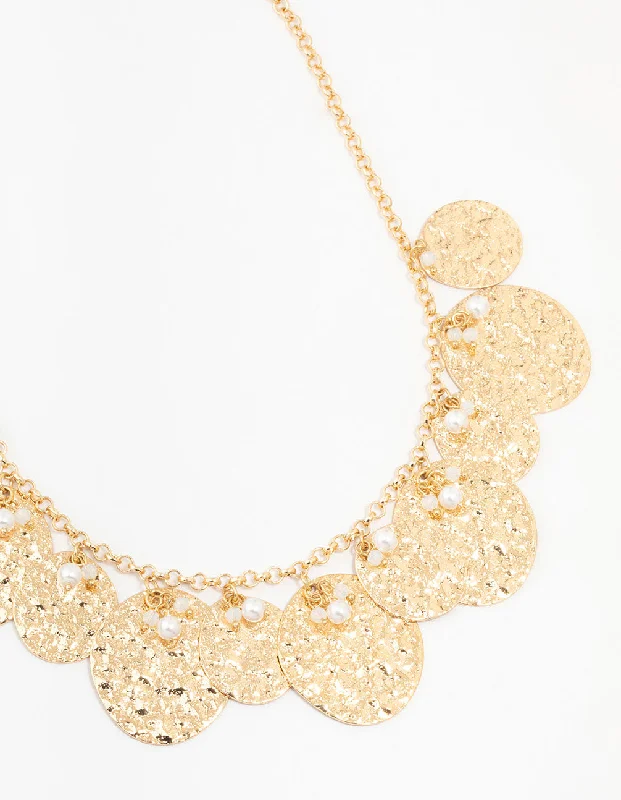 Gold Multiple Coins & Pearls Station Necklace